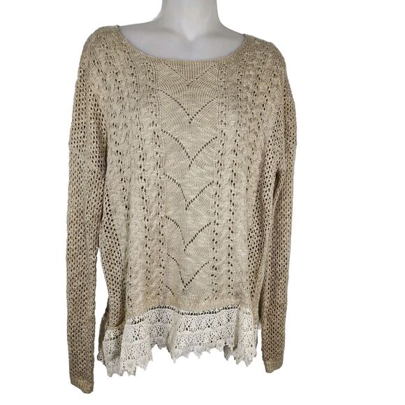 Jolt Womens Sweater Large Tan Open Knit Lace Hem Pullover Long Sleeve Round Neck - Picture 1 of 9